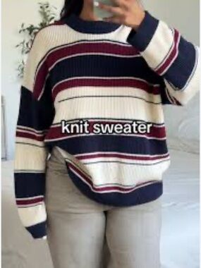 Tik Tok Shop sweaters, Striped Knit Sweater - Navy, Cream & Burgundy, Green, Tan